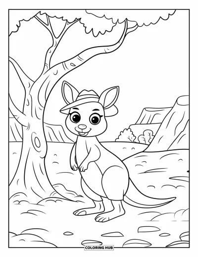 Coloriage d'Australie pour enfants : Un kangourou avec un chapeau bondit près d'un arbre et d'un sol rocailleux