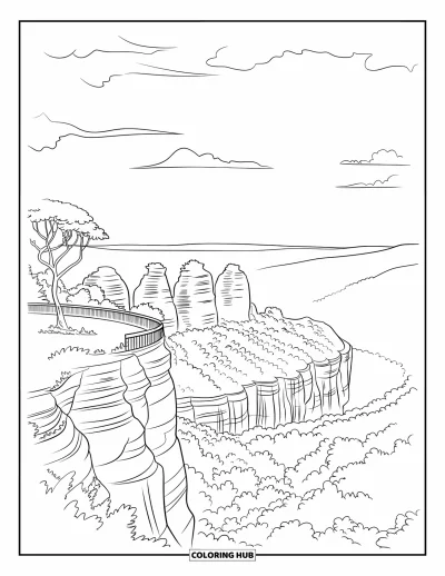 Coloriage d'Australie pour enfants : Un belvédère donne sur les Trois Sœurs et de vastes montagnes