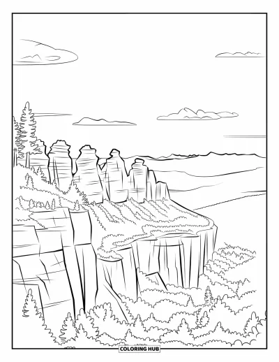 Coloriage d'Australie pour enfants : Un belvédère révèle les Trois Sœurs et des falaises boisées dans les Montagnes Bleues