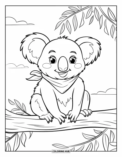 Coloriage d'Australie pour enfants : Un koala souriant est assis sur une épaisse branche d'eucalyptus