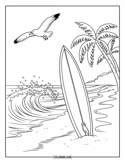 Coloriage d'Australie pour enfants : Une planche de surf dans le sable avec des vagues et des palmiers