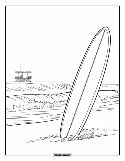 Coloriage d'Australie pour enfants : Une planche de surf plantée dans le sable près de vagues déferlantes et d'une tour