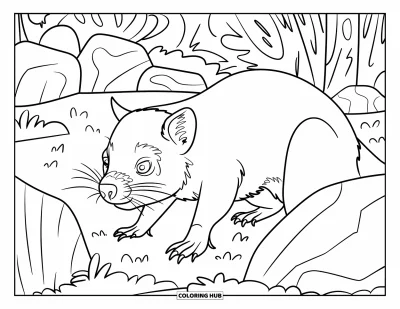 Coloriage d'Australie pour enfants : Un diable de Tasmanie renifle près de buissons et d'arbres