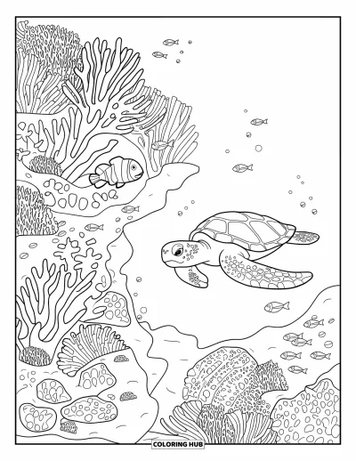 Coloriage d'Australie pour enfants : Une tortue nage avec des poissons clowns parmi les coraux du récif