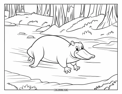 Coloriage d'Australie pour enfants : Un large ornithorynque flotte dans la rivière avec des arbres derrière
