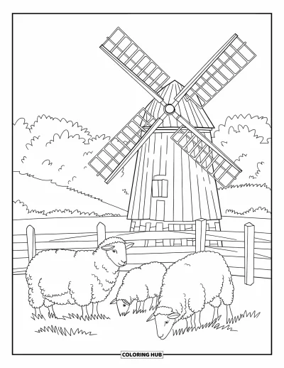 Coloriage d'Australie pour enfants : Un moulin à vent se dresse près d'une clôture tandis que des moutons paissent