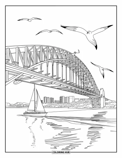 Coloriage d'Australie pour enfants : Un pont en arc enjambe une eau tranquille avec des bateaux et un panorama urbain