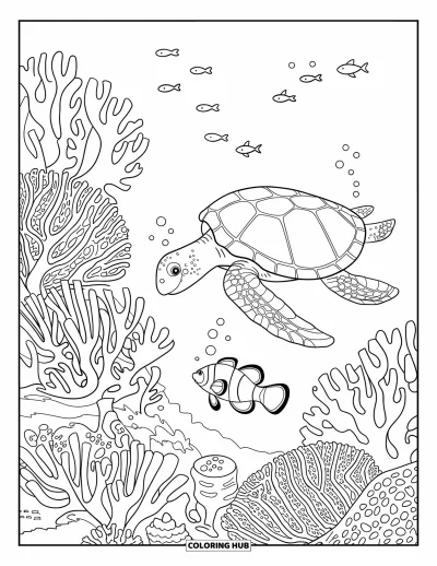 Coloriage d'Australie pour enfants : Un récif corallien avec des poissons et une tortue qui nage