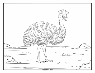 Coloriage d'Australie pour enfants : Un émeu avec un chapeau se tient sur des rochers désertiques et des arbustes