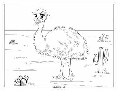 Coloriage d'Australie pour enfants : Un émeu avec un petit chapeau se tient parmi des cactus désertiques