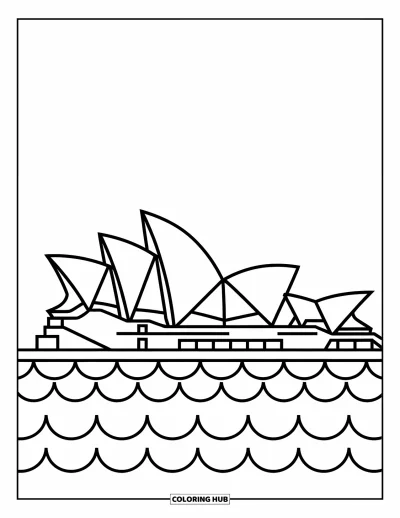 Coloriage d'Australie pour enfants : Les voiles emblématiques de l'Opéra surplombent de douces vagues
