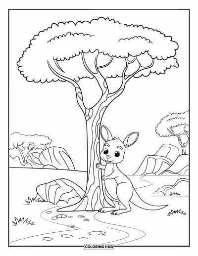Coloriage d'Australie pour enfants : Un kangourou s'agrippe à un arbre près de rochers et d'une plaine ouverte