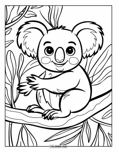 Coloriage d'Australie pour enfants : Un koala aux contours bien marqués se repose sur une branche d'eucalyptus