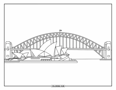 Coloriage d'Australie pour enfants : L'Opéra et le Harbour Bridge se dressent ensemble au-dessus d'eaux tranquilles