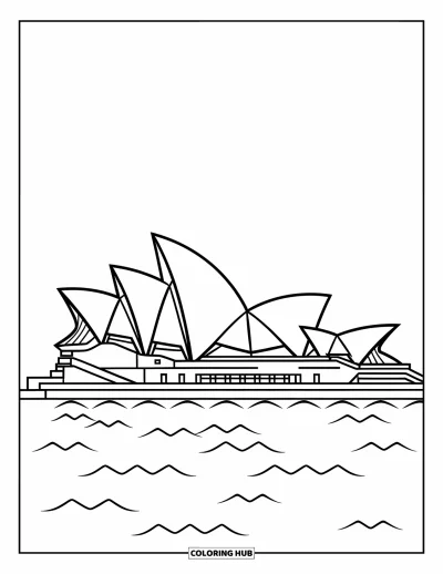 Coloriage d'Australie pour enfants : L'Opéra avec une eau calme et un ciel dégagé