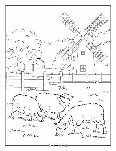 Coloriage d'Australie pour enfants : Des moutons paissent près d'une ferme, une clôture et un moulin à vent