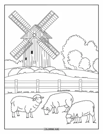 Coloriage d'Australie pour enfants : Des moutons paissent près d'un moulin à vent et d'une clôture en bois