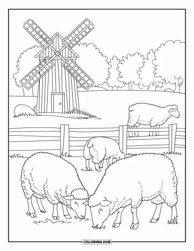 Coloriage d'Australie pour enfants : Des moutons se promènent près d'un moulin à vent et d'arbres