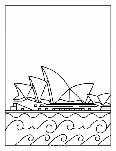 Coloriage d'Australie pour enfants : Un contour simplifié de l'Opéra avec des vagues ludiques en dessous