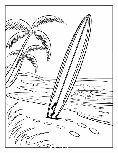 Coloriage d'Australie pour enfants : Une planche de surf dans le sable avec des palmiers et des empreintes de pas