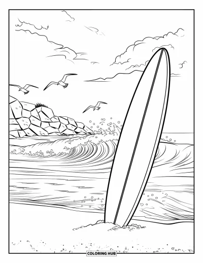 Coloriage d'Australie pour enfants : Une planche de surf dans le sable avec des mouettes et un rivage rocheux