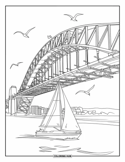 Coloriage d'Australie pour enfants : Le Sydney Harbour Bridge enjambe l'eau avec un voilier en dessous