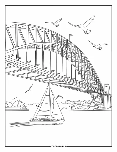 Coloriage d'Australie pour enfants : Le Sydney Harbour Bridge domine l'Opéra et des voiliers