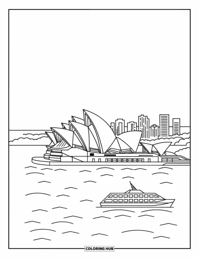 Coloriage d'Australie pour enfants : L'Opéra de Sydney se dresse fièrement avec un ferry et le panorama urbain