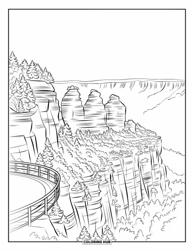 Coloriage d'Australie pour enfants : Le belvédère des Montagnes Bleues fait face aux Trois Sœurs et aux falaises