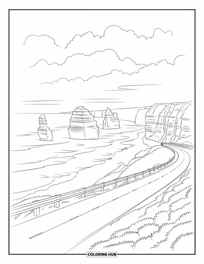 Coloriage d'Australie pour enfants : La Great Ocean Road longe des falaises et de hautes colonnes rocheuses