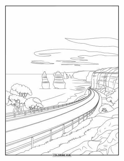 Coloriage d'Australie pour enfants : La Great Ocean Road serpente devant des falaises et les Douze Apôtres