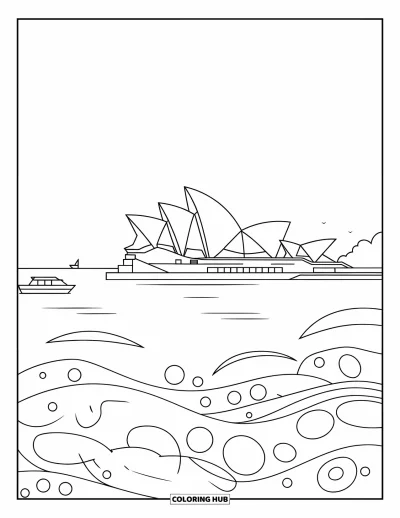 Coloriage d'Australie pour enfants : Les voiles de l'Opéra brillent au-dessus du port avec des bateaux alentour