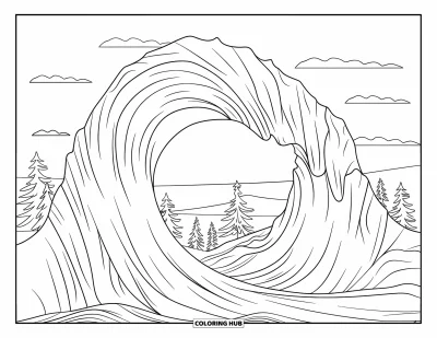 Coloriage d'Australie pour enfants : Le Wave Rock s'arque au-dessus du sol avec des arbres clairsemés et un ciel ouvert