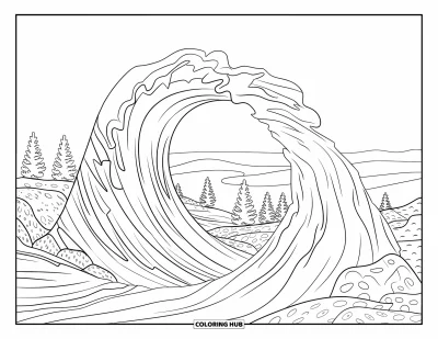 Coloriage d'Australie pour enfants : Le Wave Rock se courbe à l'horizon avec des collines et une plaine ouverte