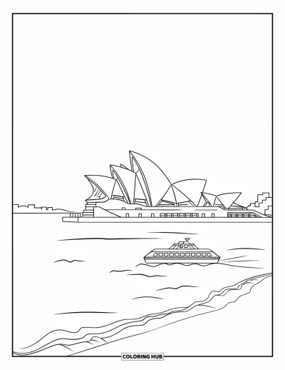 Coloriage d'Australie pour enfants : Des vagues lèchent l'Opéra avec un ferry et le panorama derrière
