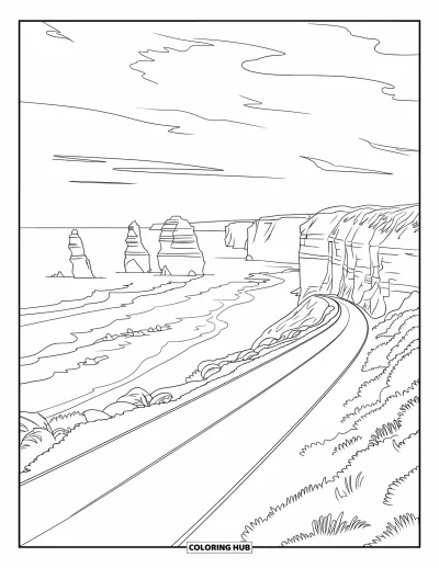 Coloriage d'Australie pour enfants : Une route sinueuse longe la côte avec des falaises et les Douze Apôtres