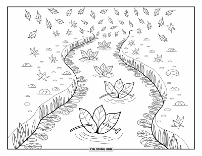 Autumn Leaves Coloring Page for Adults: A calm stream carries little leaf boats past twigs, reeds, and falling leaves