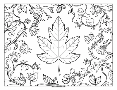 Autumn Leaves Coloring Page for Adults: Bold elm leaf framed by detailed swirling flowers and vines for calming coloring
