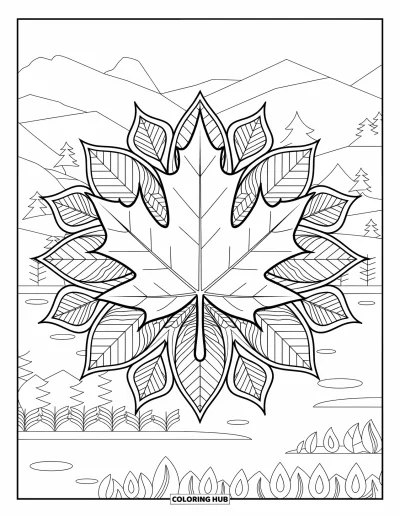 Autumn Leaves Coloring Page for Adults: Botanical mandala surrounds a central maple leaf in a calm mountain scene