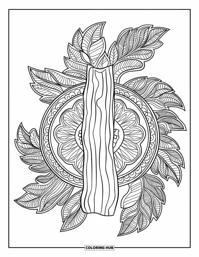 Autumn Leaves Coloring Page for Adults: Chestnut tree trunk and swirling mandala leaves form a relaxing centerpiece
