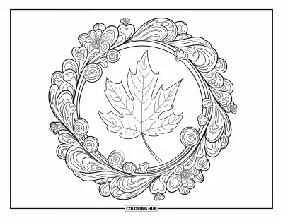 Autumn Leaves Coloring Page for Adults: Elm leaf with vine and floral swirls creates a relaxing, mandala-style centerpiece