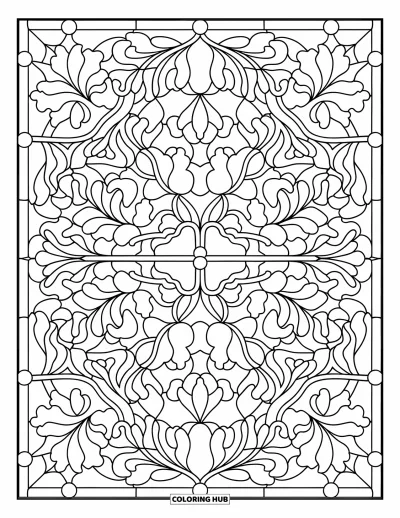 Autumn Leaves Coloring Page for Adults: Full-page stained glass pattern of repeating oak, elm, and ginkgo leaves