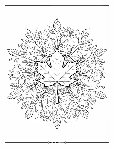 Autumn Leaves Coloring Page for Adults: Large maple leaf at center with mandala flowers, vines, and leaves all around