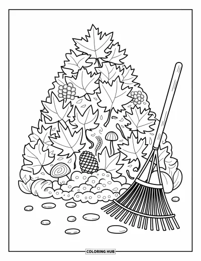 Autumn Leaves Coloring Page for Adults: Layered leaf pile filled with cozy little surprises and a nearby rake