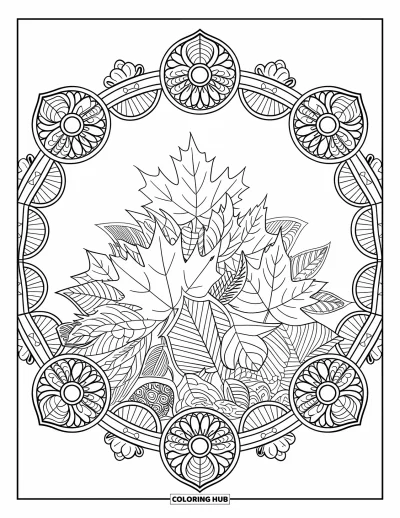 Autumn Leaves Coloring Page for Adults: Leaf pile of birch, maple, and beech framed by floral mandala rings