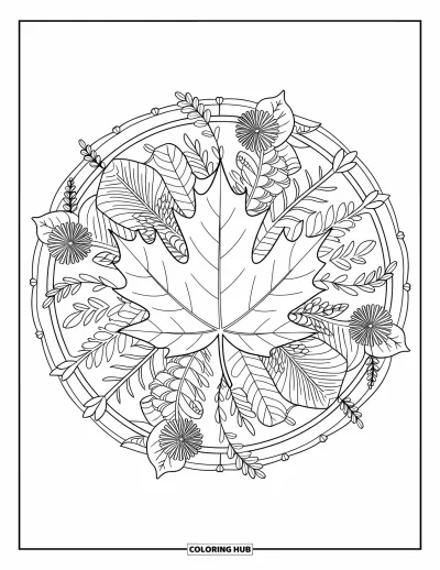 Autumn Leaves Coloring Page for Adults: Maple leaf at the heart of a mandala filled with vines and petals