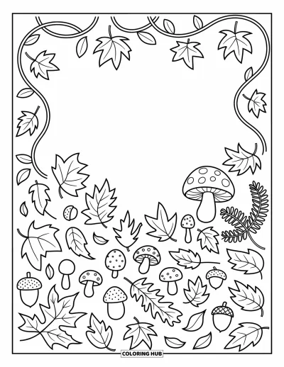 Autumn Leaves Coloring Page for Adults: Scattered autumn leaves, mushrooms, and acorns fill a cozy forest floor