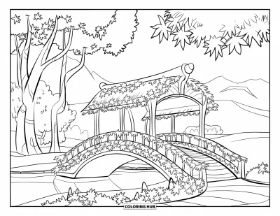 Autumn Leaves Coloring Page for Kids: Arched bridge over calm water with vibrant leaves and a mountain backdrop