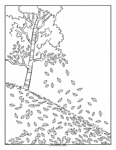 Autumn Leaves Coloring Page for Kids: Birch tree stands tall, shedding leaves over a soft hill