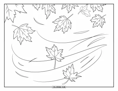Autumn Leaves Coloring Page for Kids: Falling elm leaves swirl gently on a simple white background